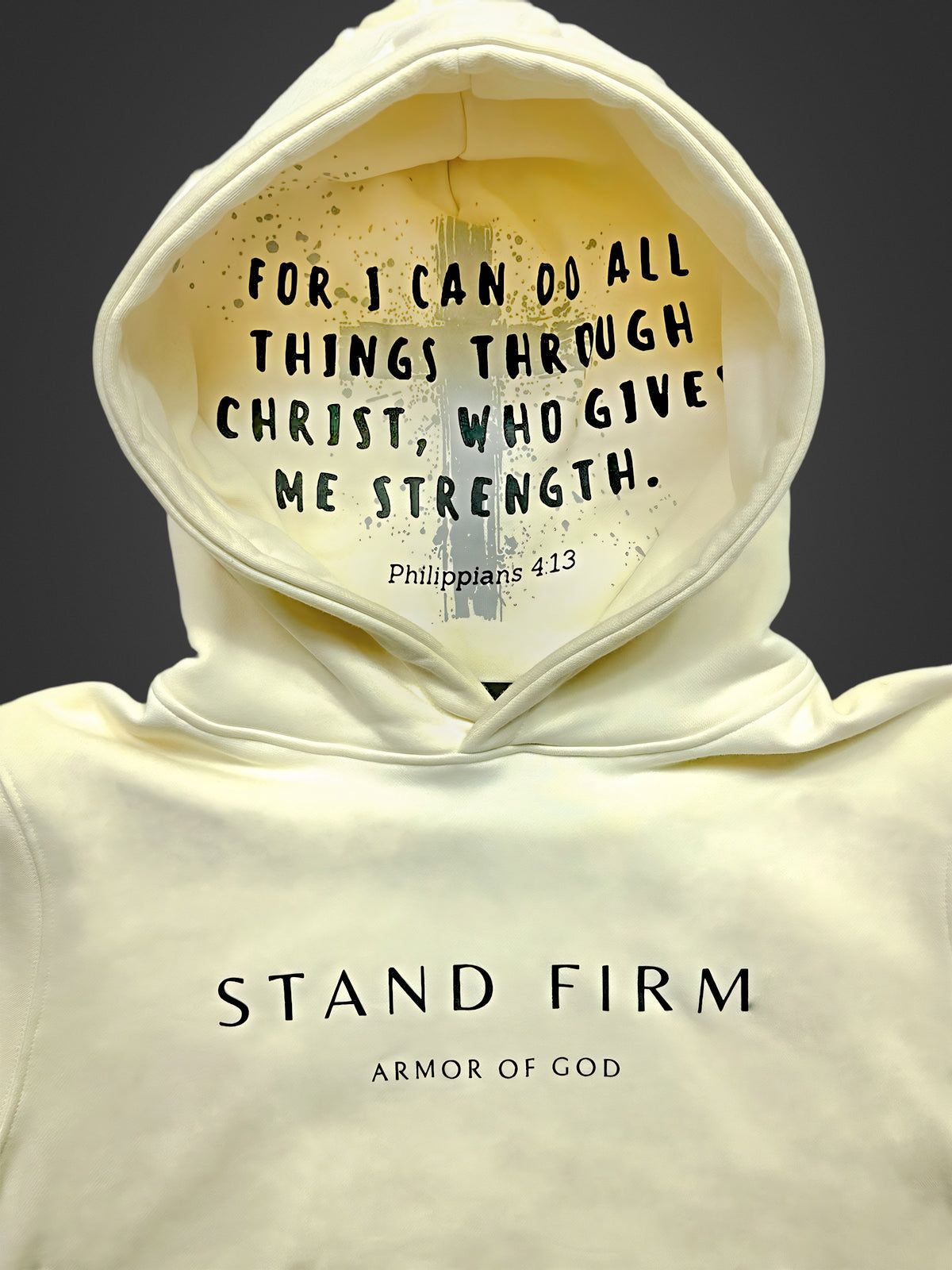 Yahweh hoodie close-up of embossed hood and Philippians 4:13 lining