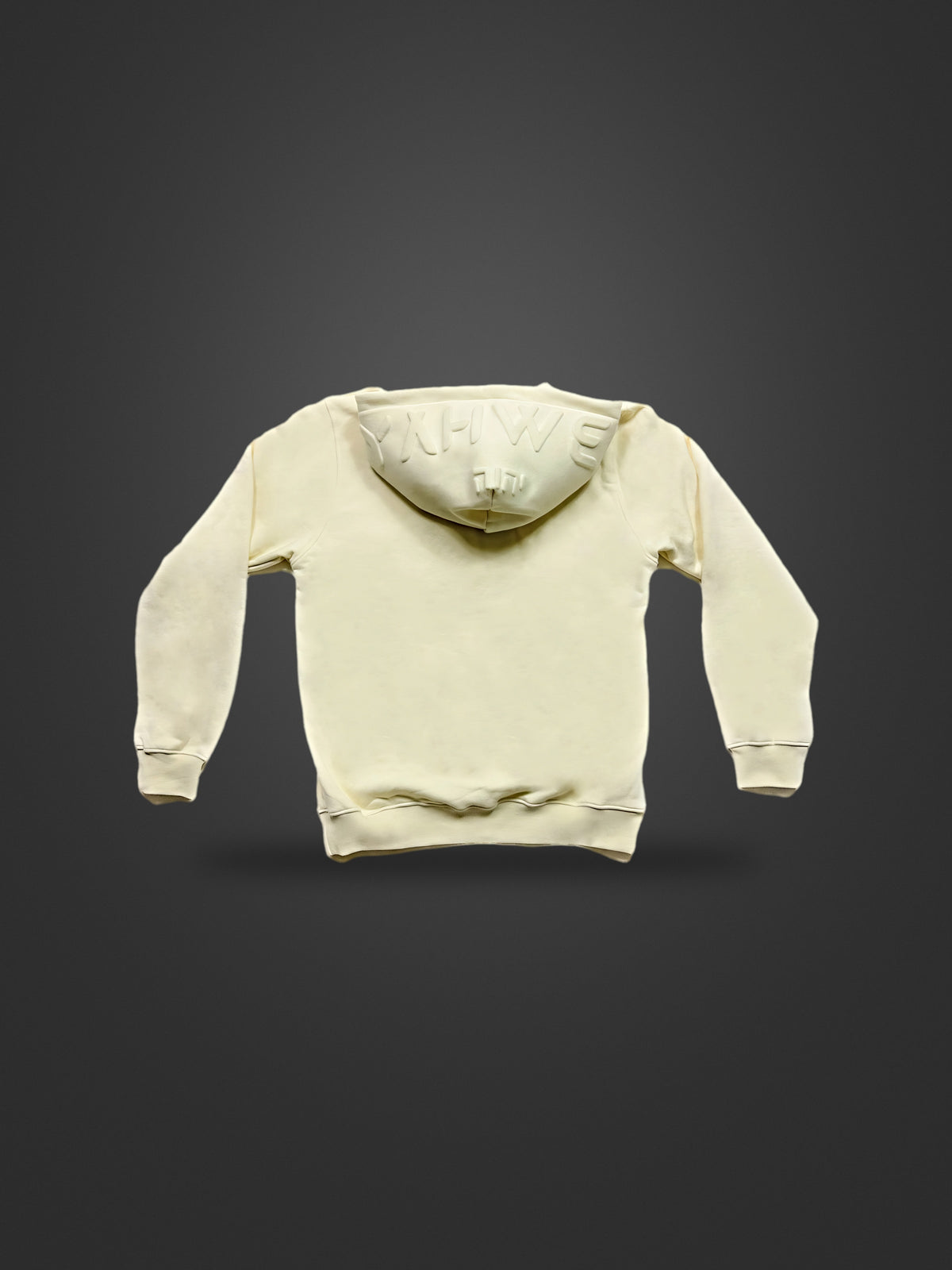 Cream Yahweh premium heavyweight hoodie, rear view on dark background showing embossed hood