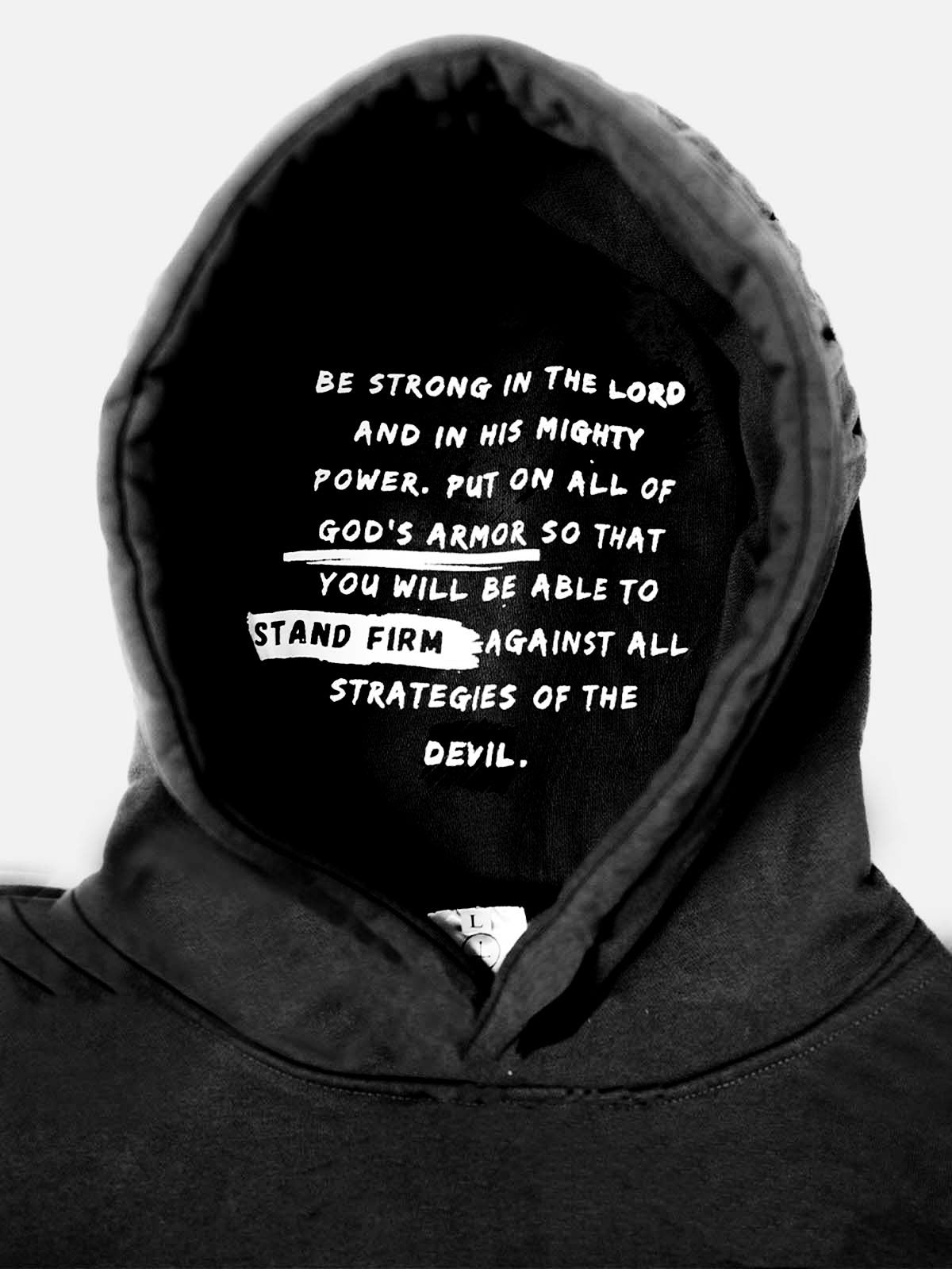 Revelation Black Armor of God hoodie, Bible verse printed inside the hood