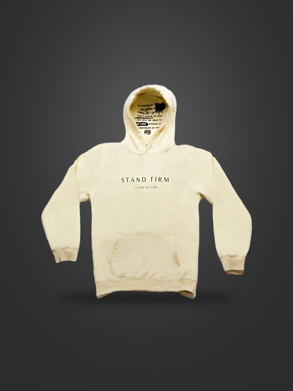 Cream Armor of God premium premium heavyweight hoodie, front view