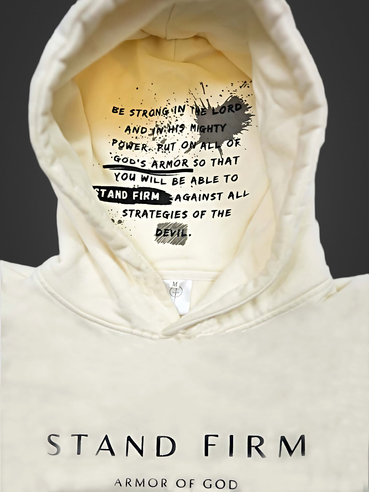 Cream Armor of God hoodie, Bible verse printed inside the hood