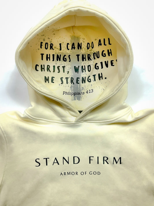 Yahweh hoodie close-up of embossed hood and Philippians 4:13 lining