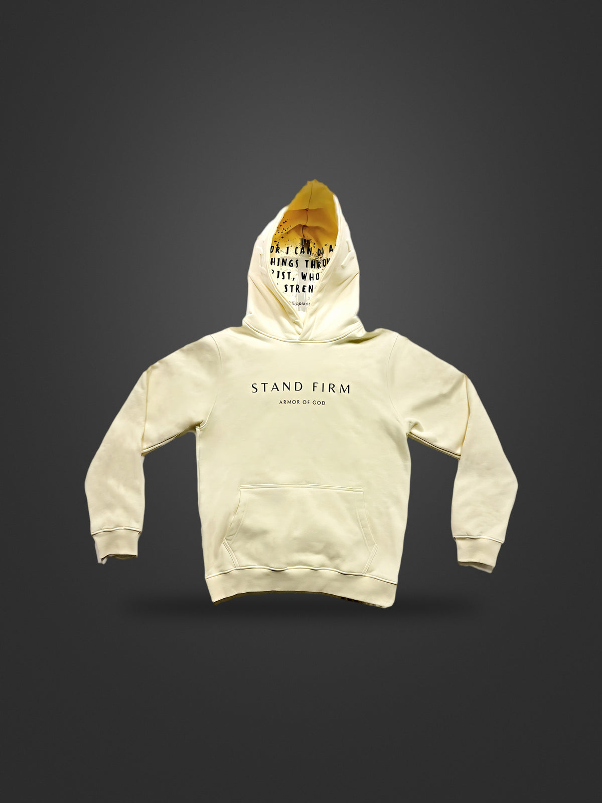 Cream Yahweh hoodie, front view with Stand Firm chest print