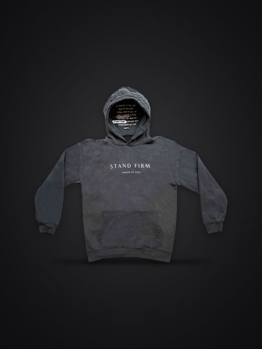 Granite Gray premium heavyweight hoodie, front view on dark background with Stand Firm chest print and verse inside the hood