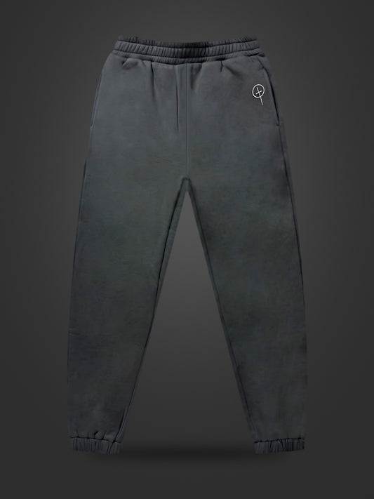 Gray premium heavyweight athleisure joggers, front view on dark background