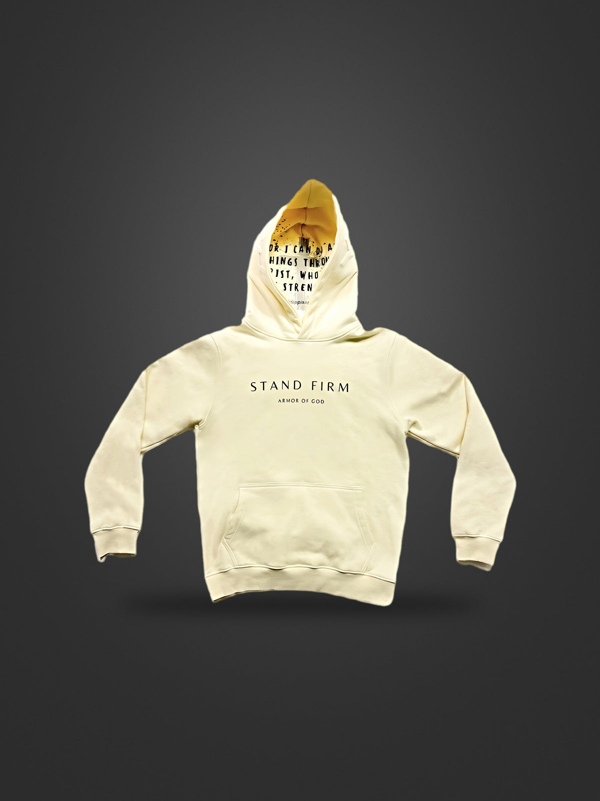 Cream Yahweh premium heavyweight hoodie, front view on dark background with Philippians 4:13 inside the hood