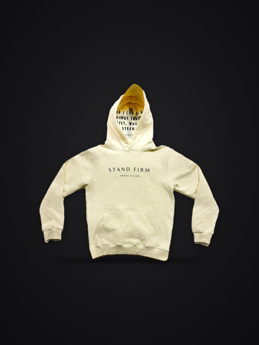 Cream Yahweh premium heavyweight hoodie, front view on dark background with Philippians 4:13 inside the hood