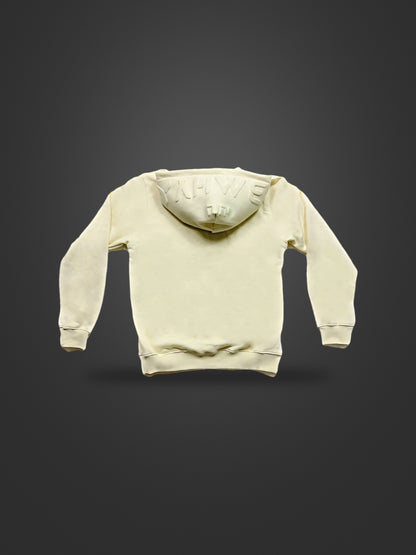 Cream Yahweh premium heavyweight hoodie, rear view on dark background showing embossed hood