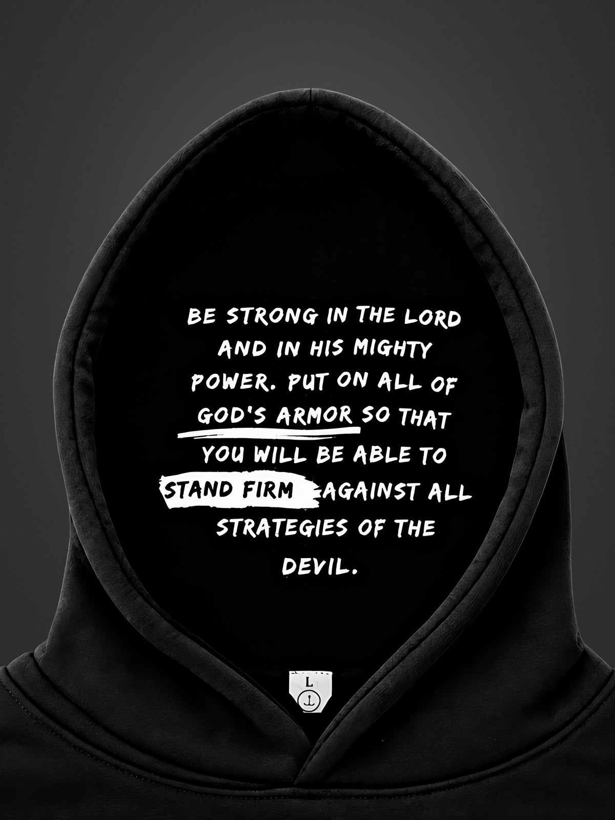 Revelation Black Armor of God hoodie, Ephesians 6 verse printed inside the hood